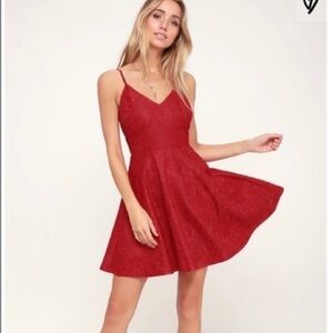 Lulu's Way With Words Berry Red Lace Skater Dress, Size Small